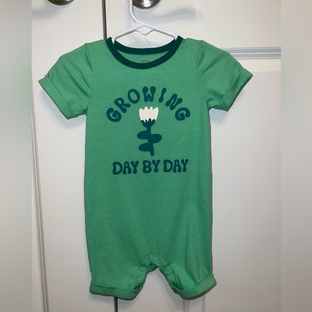 🌷 “Watch Me Grow” GREEN UNISEX BABY ROMPER 12 MONTH TODDLER FLOWER ONE PIECE